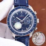 Copy Omega Speedmaster Moonphase Watches Blue Dial Blue Leather Strap